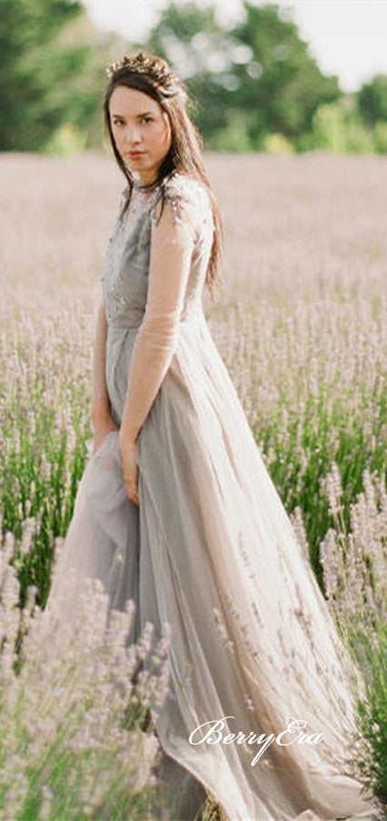 Long Sleeves Lace Beaded Wedding Dresses, Country Wedding Dresses, Long Bridal Gown