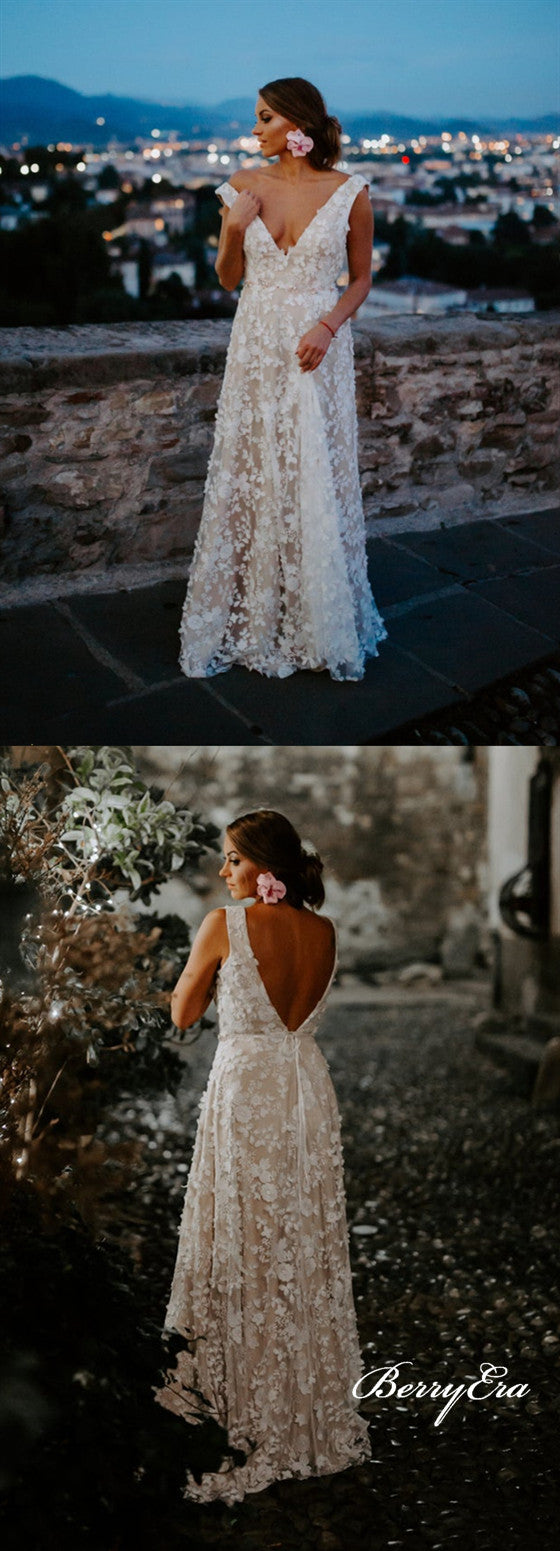 V-neck Long A-line Lace Wedding Dresses, Long Wedding Dresses, Bridal Gown