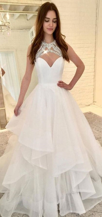 A-line Ivory Tulle Wedding Dresses, Beaded Long Wedding Dresses, Popular Bridal Gown