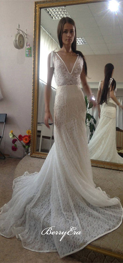 V-neck Long Mermaid Lace Wedding Dresses, Long Wedding Dresses