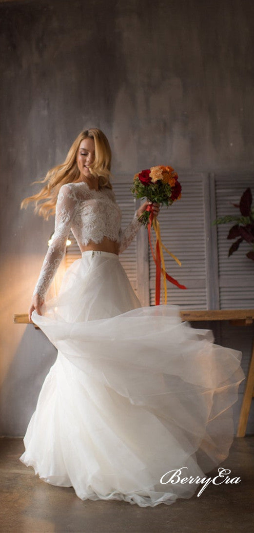 Pieces Lace Top A-line Tulle Skirt Long Wedding Dresses, Bridal