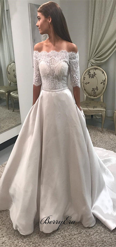 Off Shoulder Half Sleeves Lace Top Satin Skirt Wedding Dresses Berryera Off Shoulder Half Sleeves Lace Top Satin Skirt Wedding Dresses Berryera