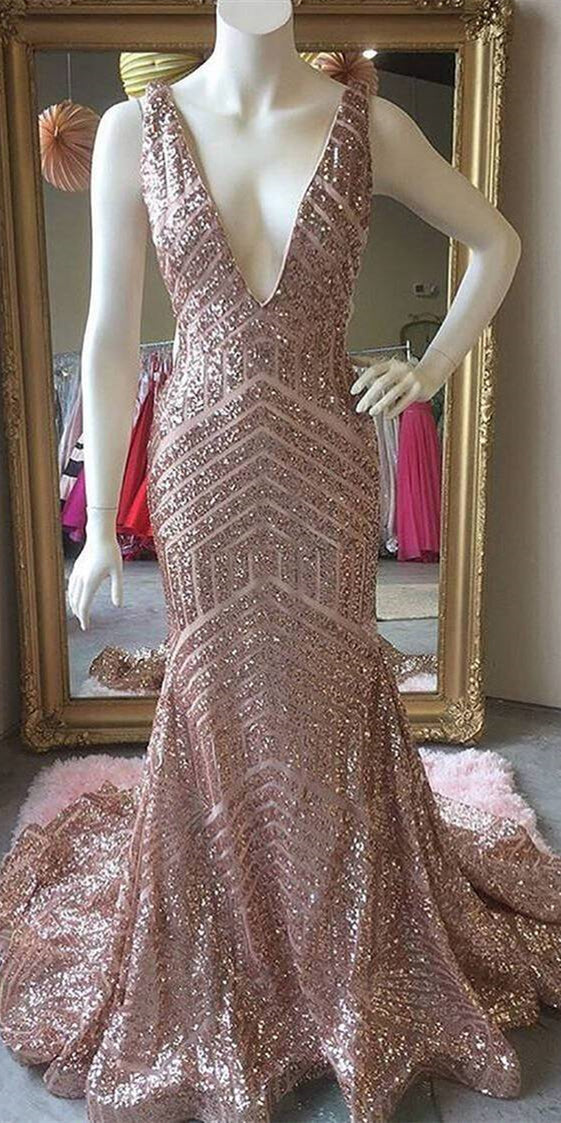 V-neck Rose Gold Sequin Prom Dresses, Mermaid Prom Dresses, Long Prom Dresses, 2021 Prom Dresses, Cheap Prom Dresses
