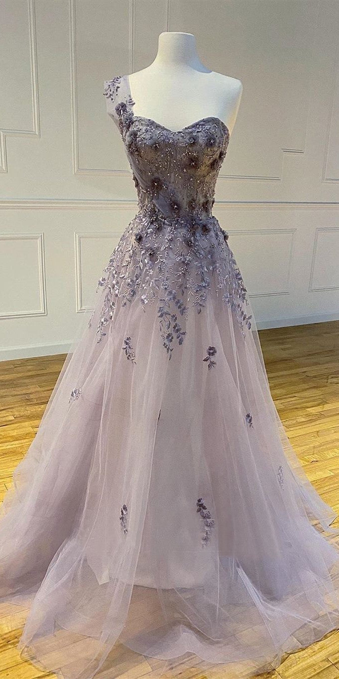 One Shoulder Long A-line Lace Appliques Beaded Prom Dresses, 2021 Prom Dresses, A-line Prom Dresses