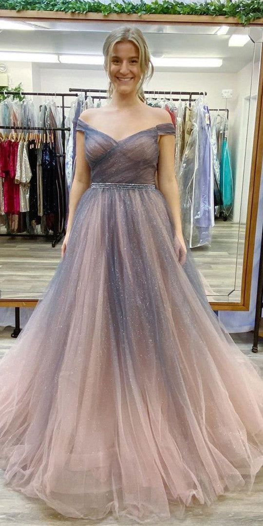 Off Shoulder Long A-line Prom Dresses, Shiny Prom Dresses, Popular 2021 Prom Dresses