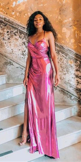 Spaghetti Shemmering Prom Dresses, Hot Pink Side Slit Prom Dresses, Fitted Prom Dresses, 2021 Prom Dresses