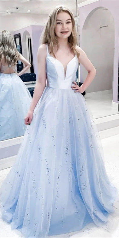 Straps Long A-line Blue Sequin Tulle Prom Dresses, Popular 2020 Prom Dresses, Newest Prom Dresses
