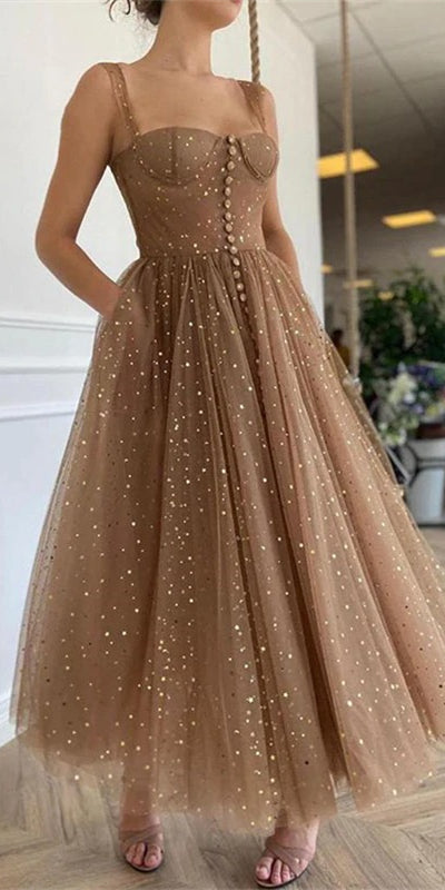 Straps Long A-line Prom Dresses, Sequin Tulle Prom Dresses, Lovely Prom Dresses, 2021 Prom Dresses, Cheap Prom Dresses