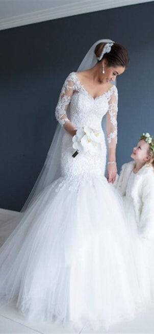 V-neck Long Sleeves Lace Tulle Wedding Dresses, White Wedding Dresses, Mermaid Wedding Dresses