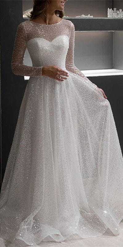 Round Neckling Long Sleeves Sequin Tulle Wedding Dresses, Sparkle Wedding Dresses, 2021 Wedding Dresses