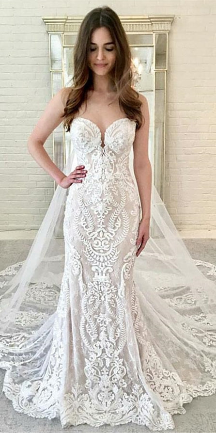 Sweetheart Long Mermaid Wedding Dresses, Unique Lace Wedding Dresses, Long Wedding Dresses
