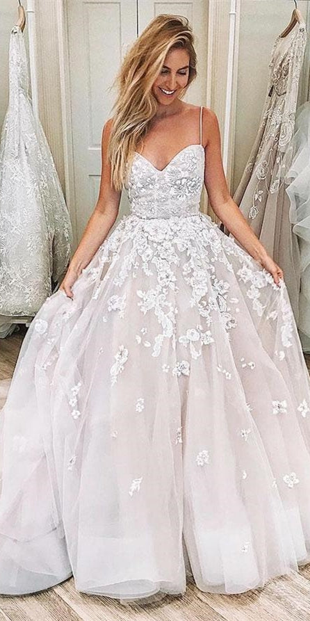 Spaghetti Long A-line Lace Tulle Wedding Dresses, Popular Wedding Gown, Bridal Gown
