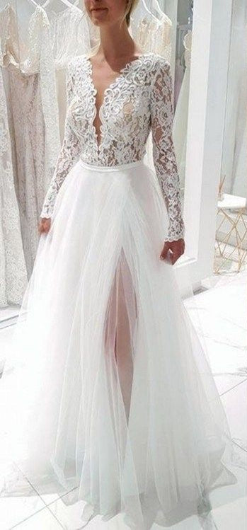 V-neck Long Sleeves Lace Tulle Wedding Dresses, Side Slit Wedding Desses, Newest A-line Wedding Dresses