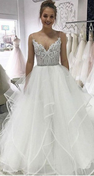 Spaghetti Long A-line Tulle Lace Wedding Dresses, Bridal Gown, Lovely Wedding Dresses