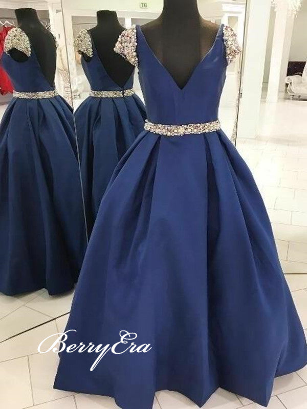 Cap Sleeves Pearls Beaded Prom Dresses, A-line V-neck Long Prom Dresses 2019