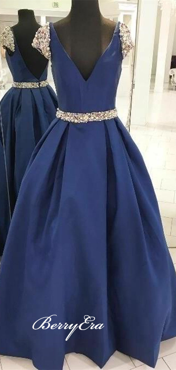 Cap Sleeves Pearls Beaded Prom Dresses, A-line V-neck Long Prom Dresses 2019