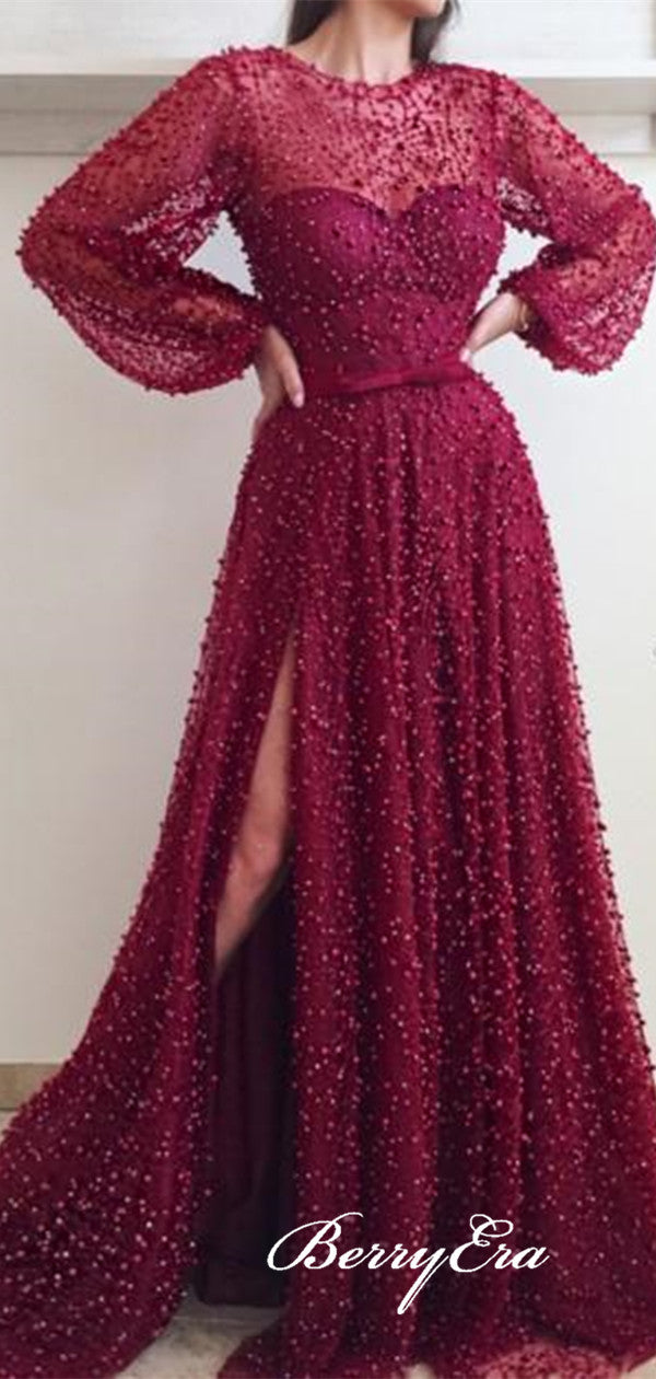 Pearls Sheer Neckline Evening Dresses with Loose Sleeves, Luxury Beaded Prom Dresses