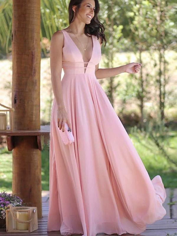 V-neck Light Pink Chiffon Prom Dresses, Cheap Prom Dresses