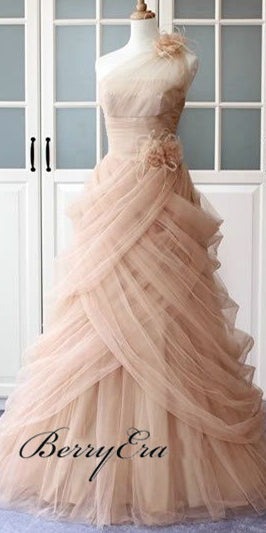 One Shoulder Long A-line Pale Pink Tulle Prom Dresses, Elegant Prom Dresses