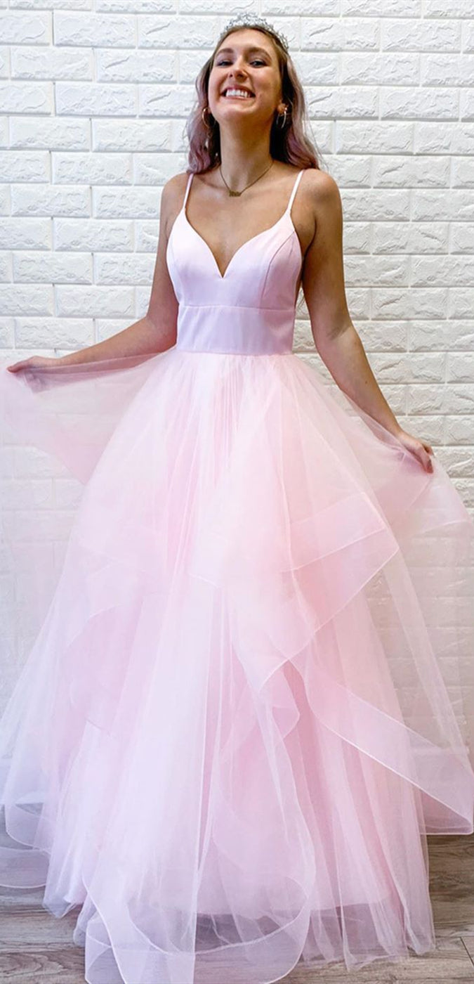 Spaghetti Long A-line Pink Tlle Satin Prom Dresses, Long Prom Dresses, 2020 Prom Dresses