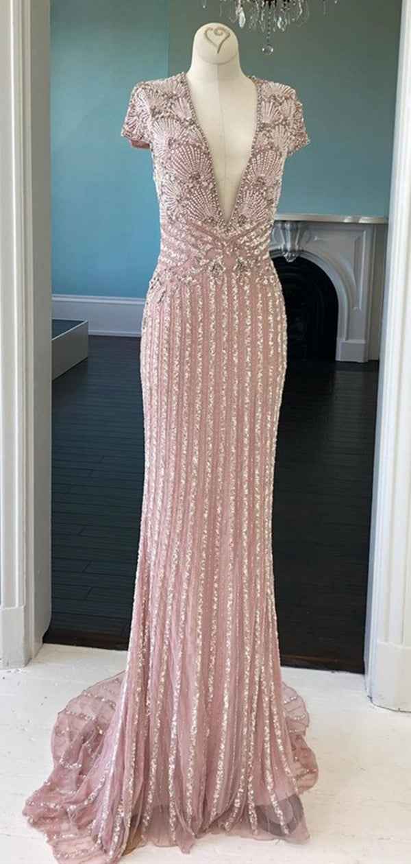 Cap Sleeves Long Mermaid Rhinestone Beaded Prom Dresses, Cheap Prom Dresses