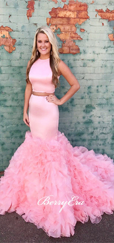 2 Pieces Pink Satin Top Fluffy Prom Dresses, Long Prom Dresses, Popular Prom Dresses