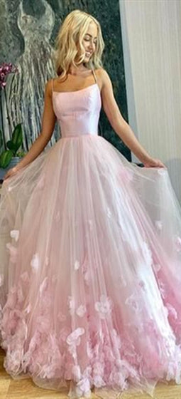 Spaghetti Long A-line Pink Tulle Applqiues Prom Dresses, Handmade Flowers Prom Dresses, 2020 Prom Dresses