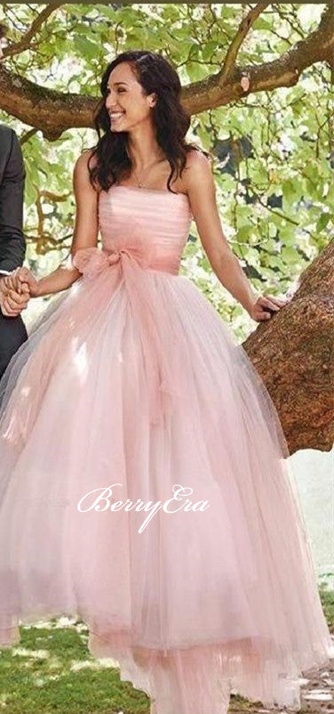 Strapless Pink Tulle A-line Princess Wedding Dresses, Bridal Gown