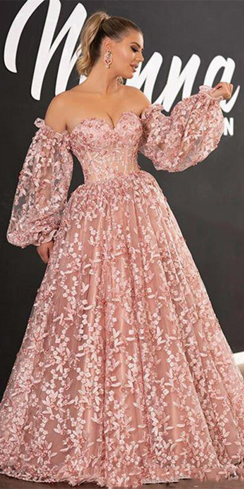 Pink Long A-line Prom Dresses, Lace Beaded Prom Dresses, 2021 Prom Dresses, Cheap Prom Dresses