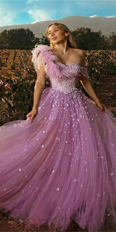 One Shoulder Feather Lace Appliques Prom Dresses, Quinceanera Dresses, A-line 2021 Prom Dresses