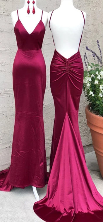 Spaghetti Long Mermaid Plum Prom Dresses, Simple Long Prom Dresses, 2020 Prom Dresses