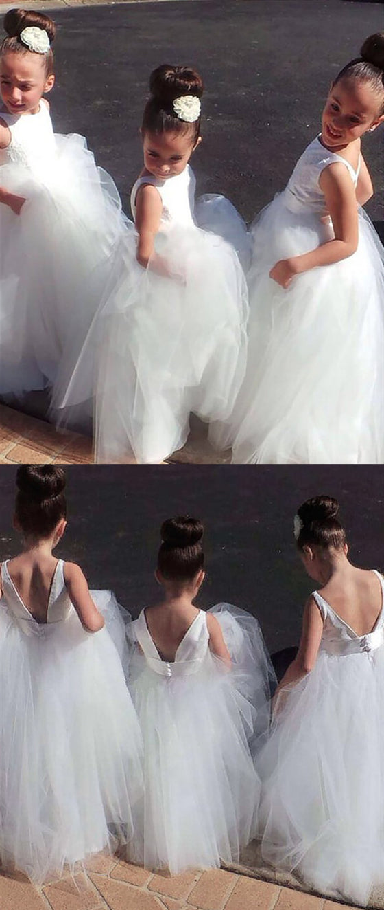 Lovely Ivory Lace Tulle Long Flower Girl Dresses, Little Girl Dresses