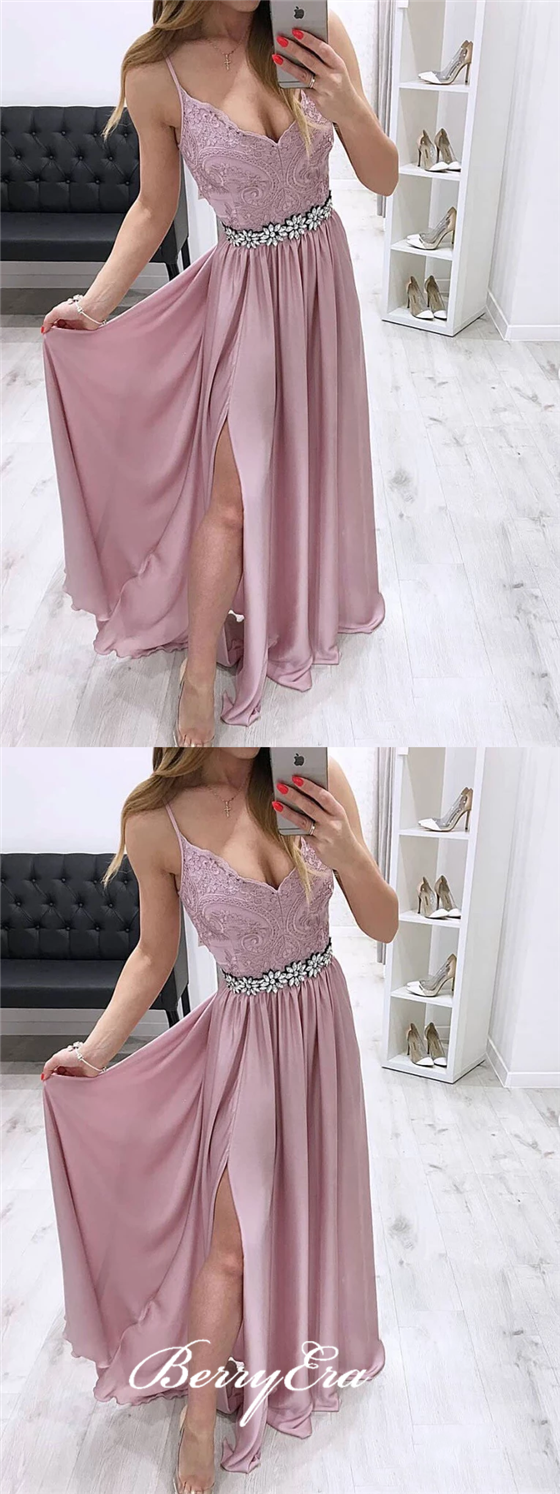 Spaghetti Long Prom Dresses, Lace Elastic Satin Prom Dresses, Dusty Rose Prom Dresses