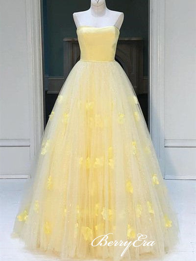 Strapless Yellow Tulle 3D Flowers Prom Dresses, Lovely Prom Dresses, Long Prom Dresses