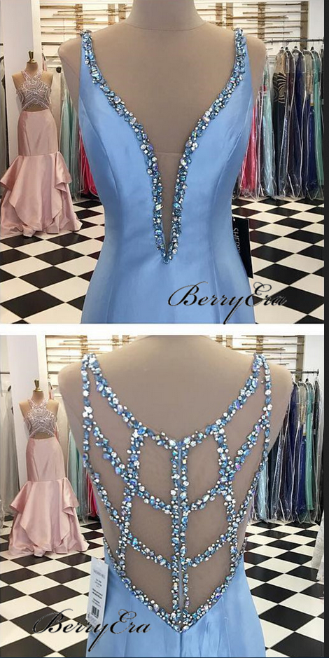 Deep V-neck Long Mermaid Light Blue Satin Prom Dresses, Beaded Prom Dresses