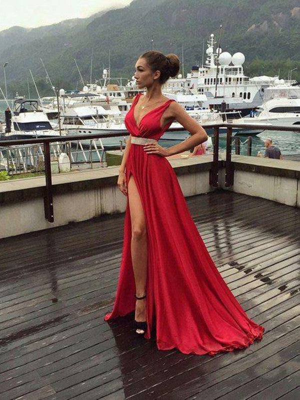 Red Color High Slit A-line Prom Dress, V-neck Evening Party Prom Dress