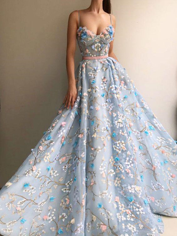 Spaghetti Long A-line Applique Prom Dress, Elegant Prom Dress