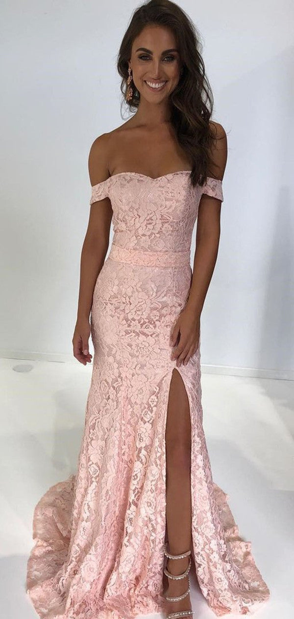 Side Slit Long Prom Dresses, Off the Shoulder Lace Pink Dresses