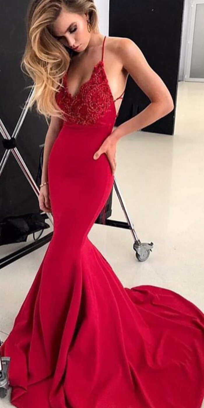 Spaghetti Long Mermaid Red Lace Jersey Prom Dresses