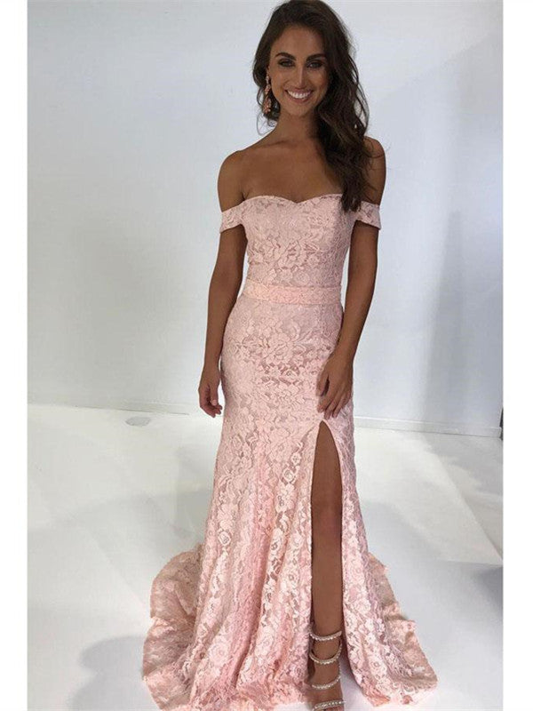 Side Slit Long Prom Dresses, Off the Shoulder Lace Pink Dresses