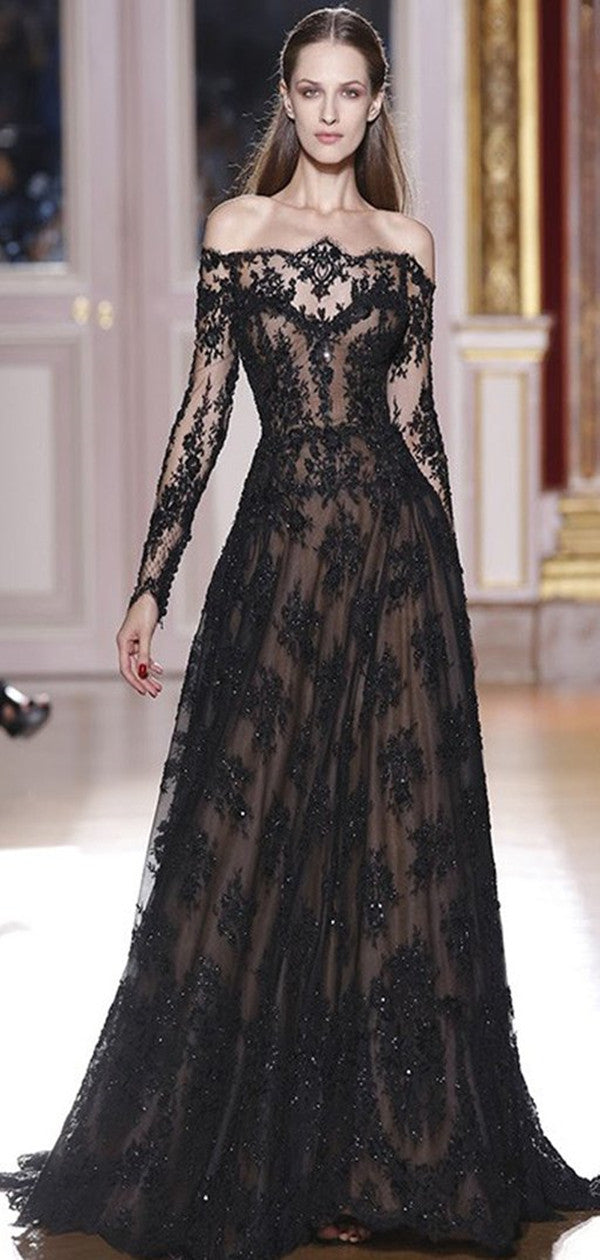 Off the Shoulder Lace A Line Black Prom Dresses, Long Sleeves Prom Dresses