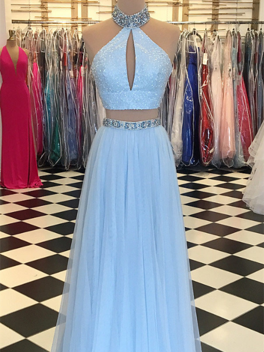 2 Pieces A-line Light Blue Sequin Beaded Prom Dresses, Cheap Prom Dresses