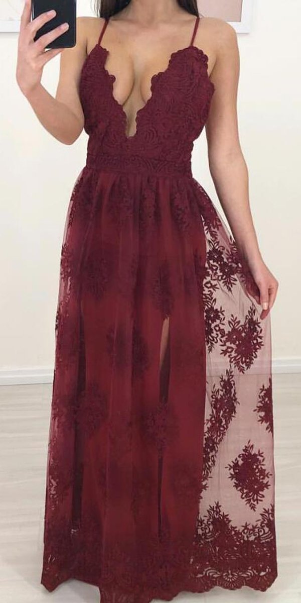 Spaghetti Long A-line Dark Red Lace Tulle Prom Dresses