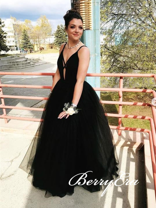 Black Long A-line Tulle Prom Dresses, Simple Long Prom Dresses, 2020 Prom Dresses, Affordable Prom Dresses
