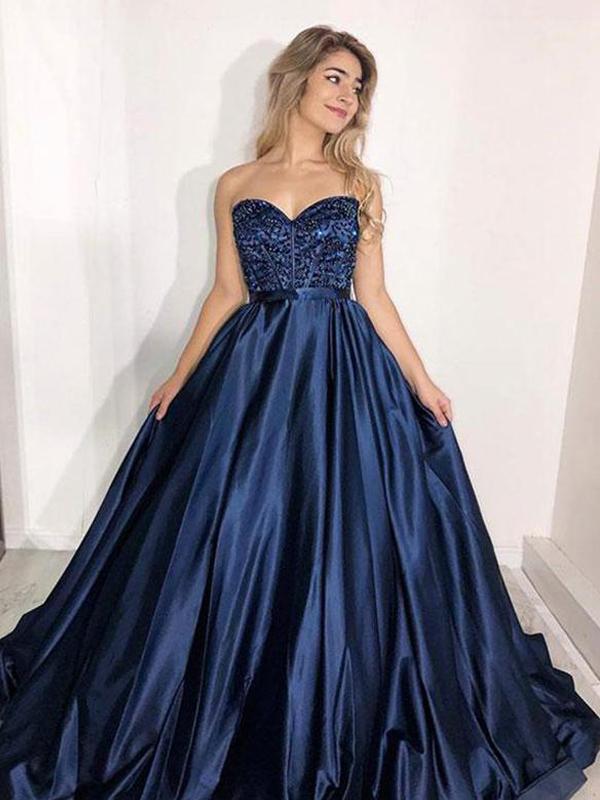 Sweetheart Long A-line Navy Satin Beaded Prom Dresses