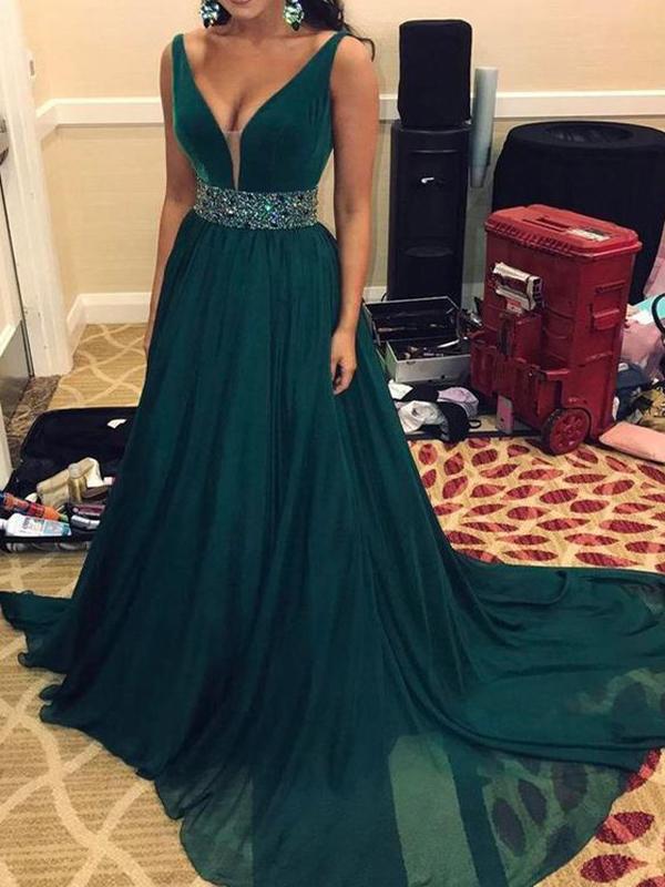 V-neck Emerald Green Chiffon Beaded Prom Dresses – Berryera
