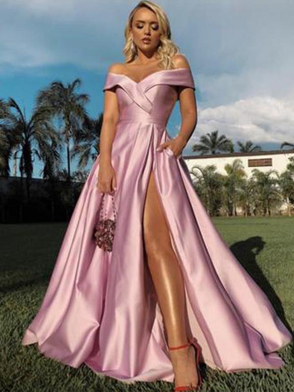 Long Pink Off Shoulder High Side Slit Evening Dresses