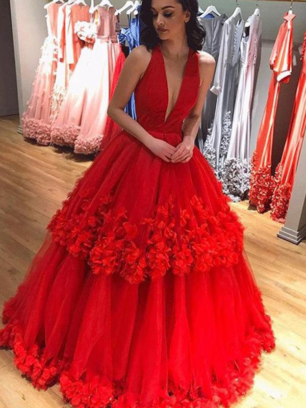 Deep V-neck Long A-line Red Tulle Hand Made Flowers Prom Dresses