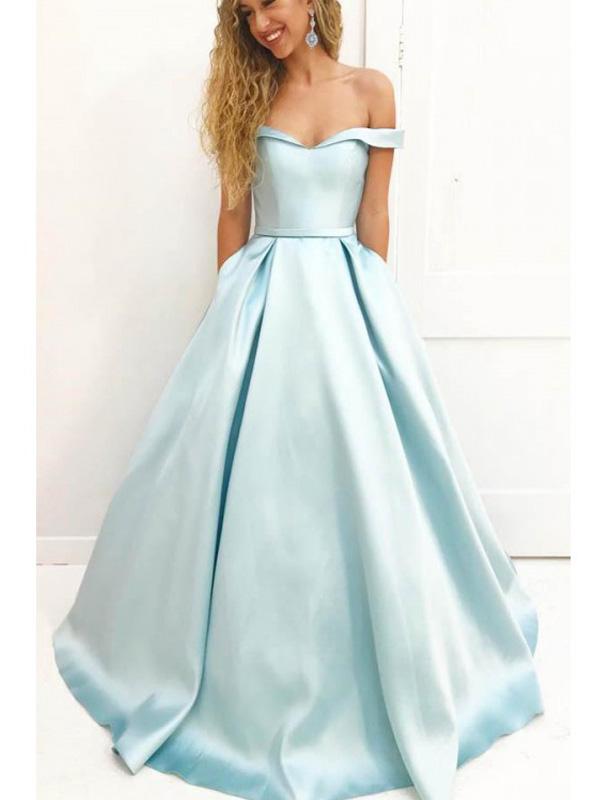 Off Shoulder Long A-line Pale Blue Satin Prom Dresses