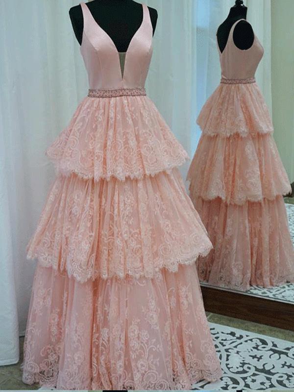 V-neck Lace Beaded Long A-line Pink Prom Dresses
